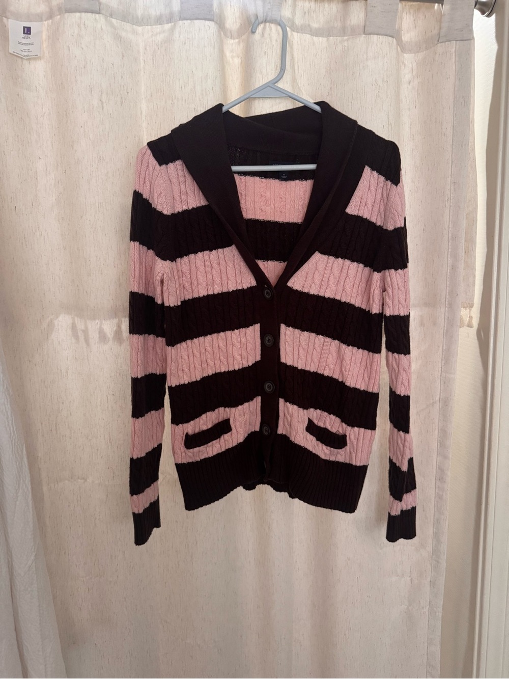 Striped Pink and Brown Shawl Collar Cardigan Sweater